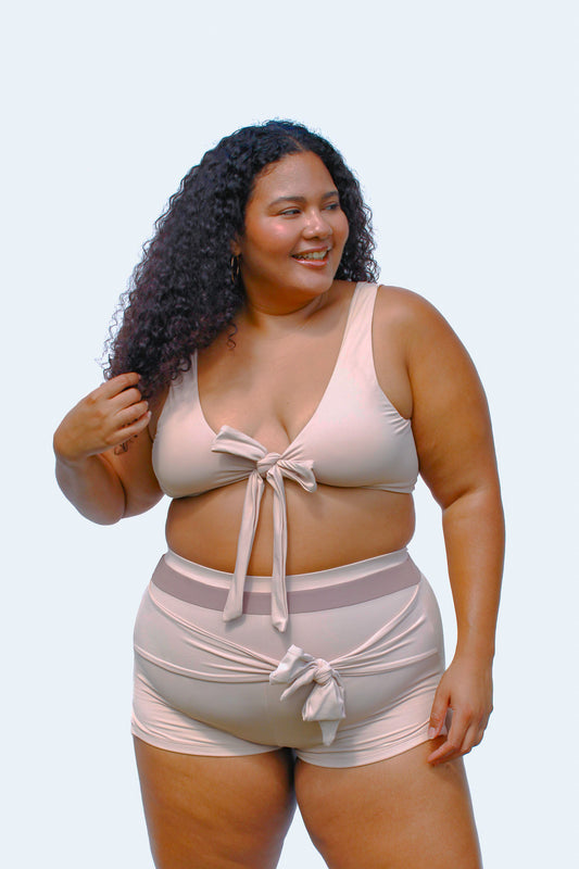 Moe tie-front swim shorts, cream