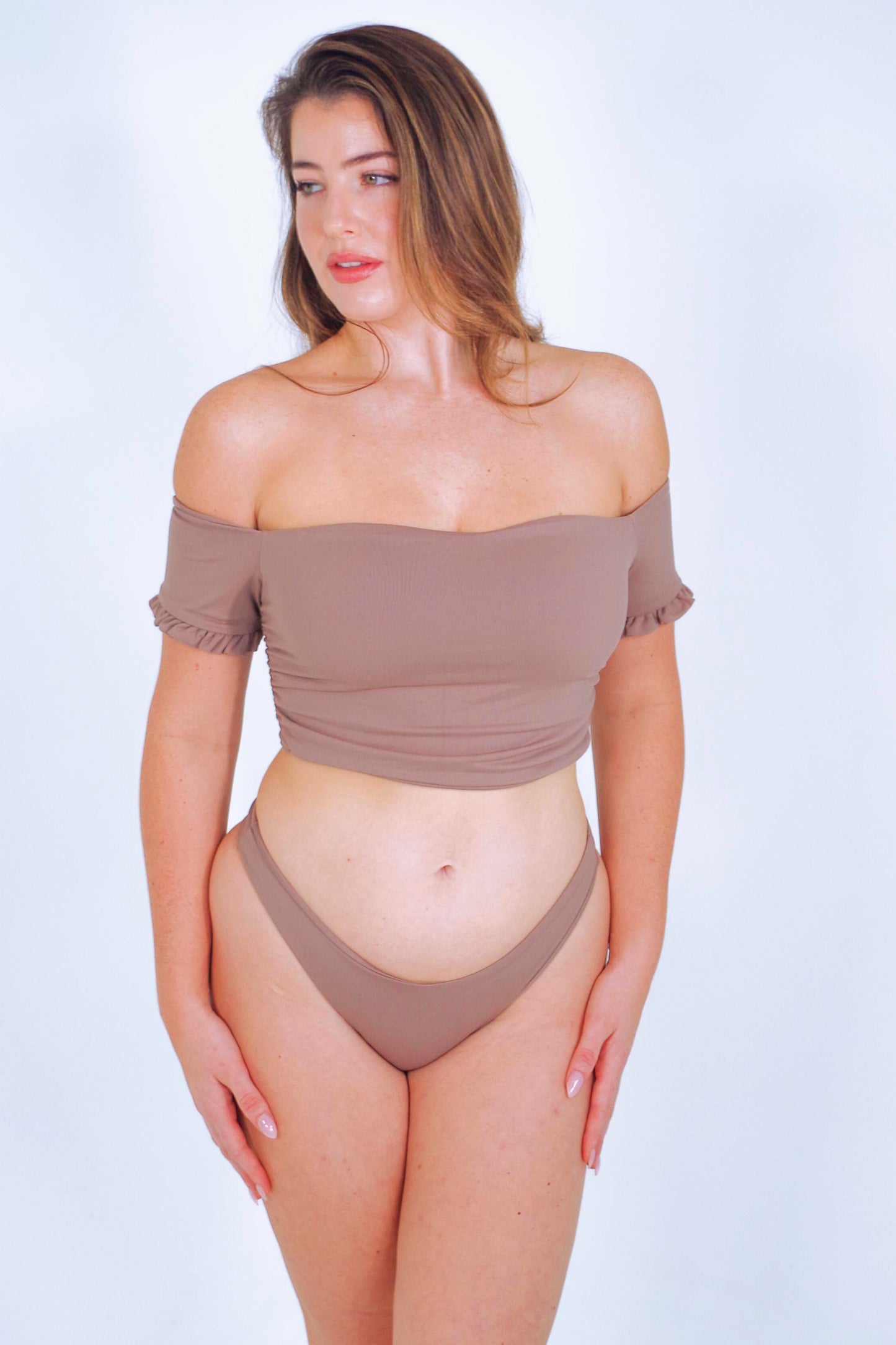 Women's cheeky bikini bottom and off the shoulder bikini top with short sleeves in taupe
