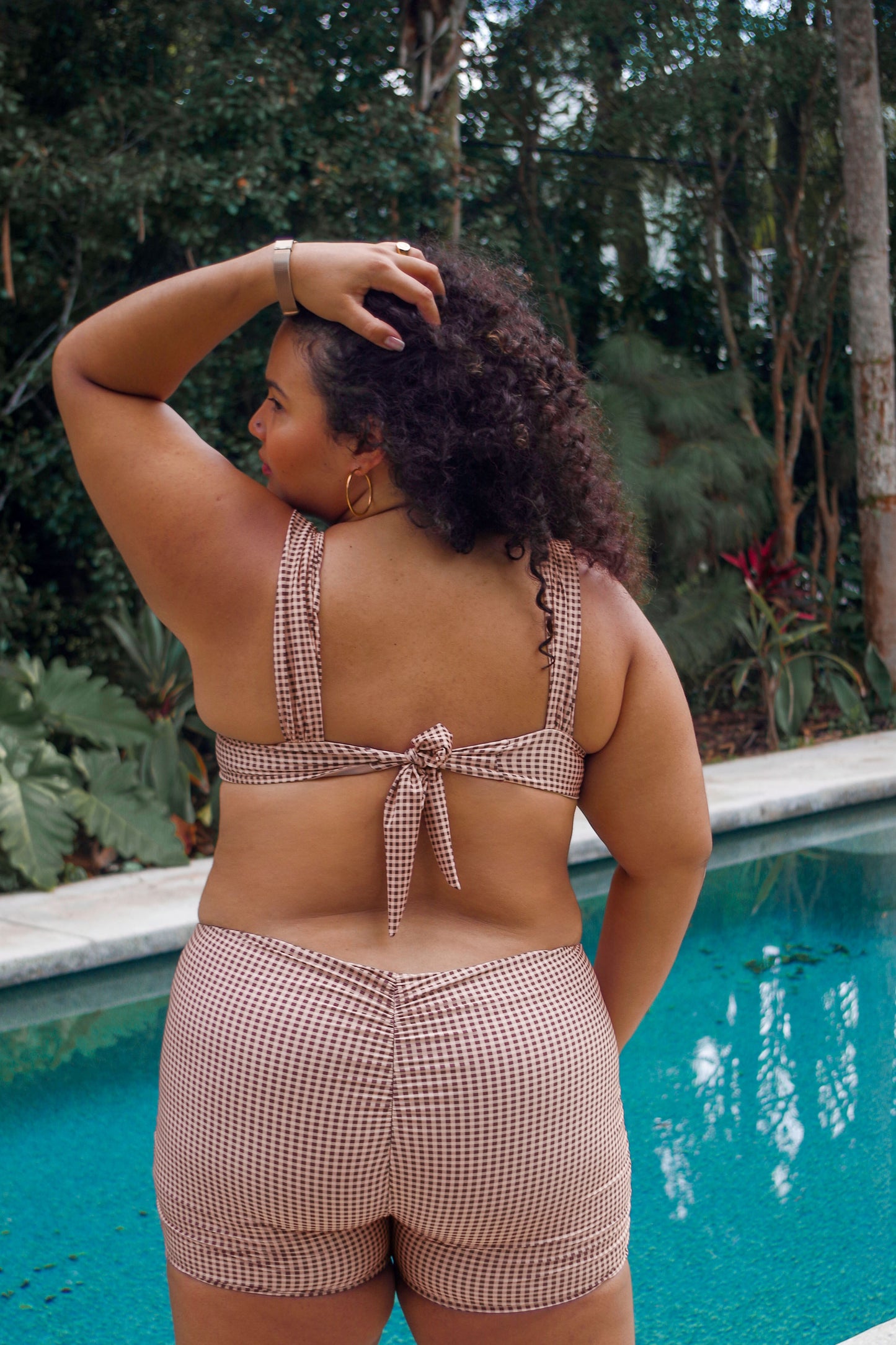 women's plus size swim shorts and underwire bikini top in gingham print, taupe, cream, and black