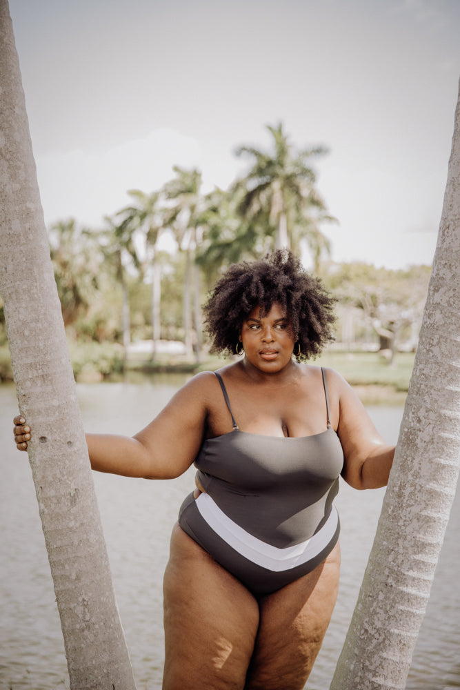 Women's plus size charcoal grey one piece swimsuit