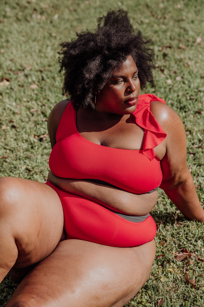 women's plus size red high waisted bikini bottom and asymmetrical bikini top