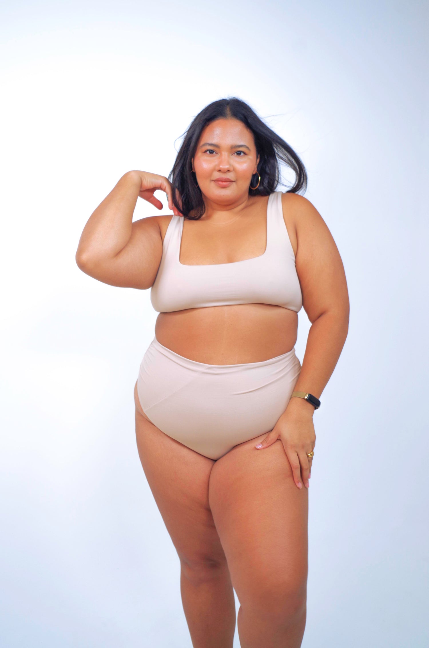 Women's plus size cream bikini top with square neckline and high waisted bikini bottoms