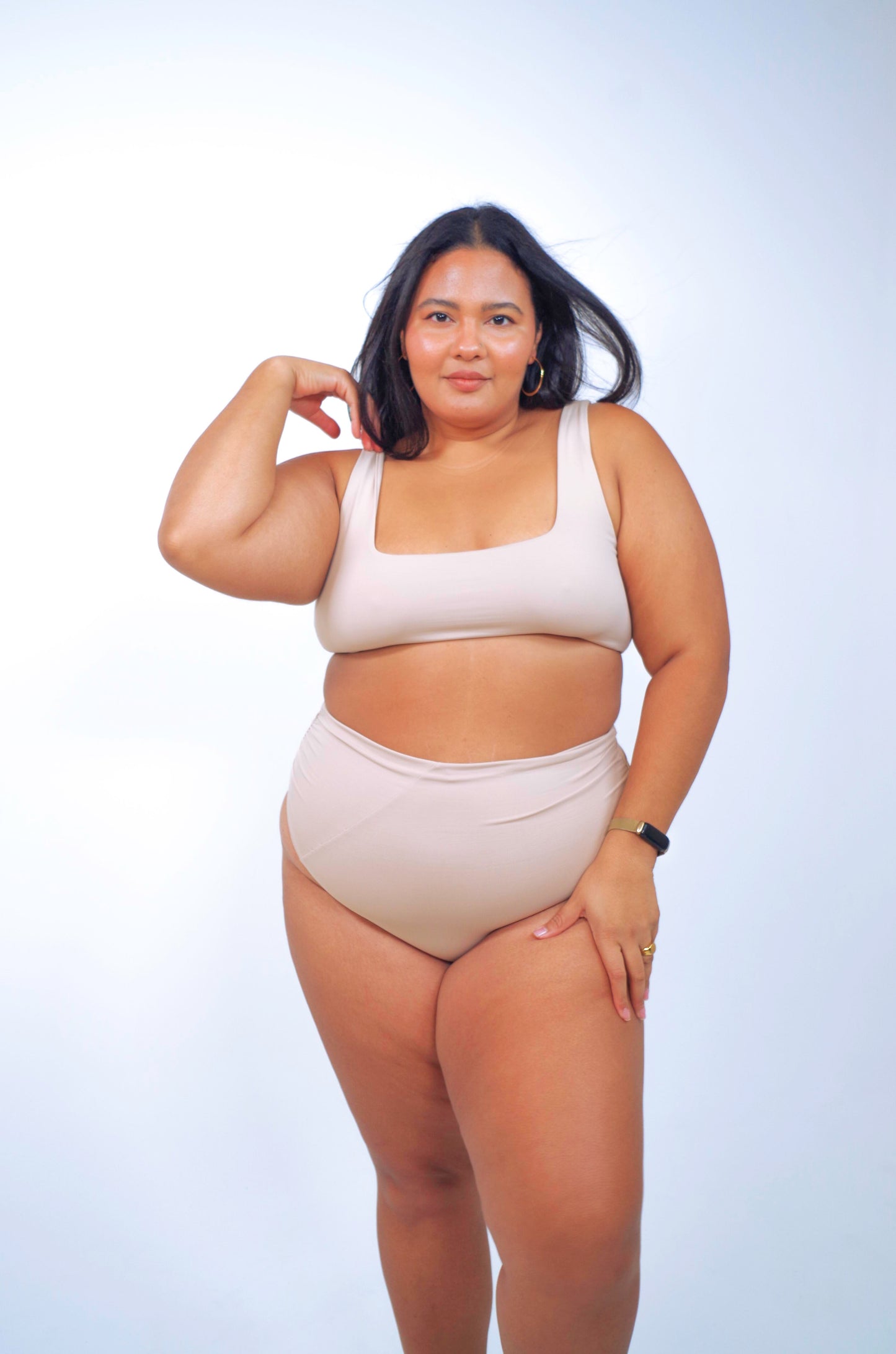 Cream women's plus size high waisted bikini bottom and square neck bikini top