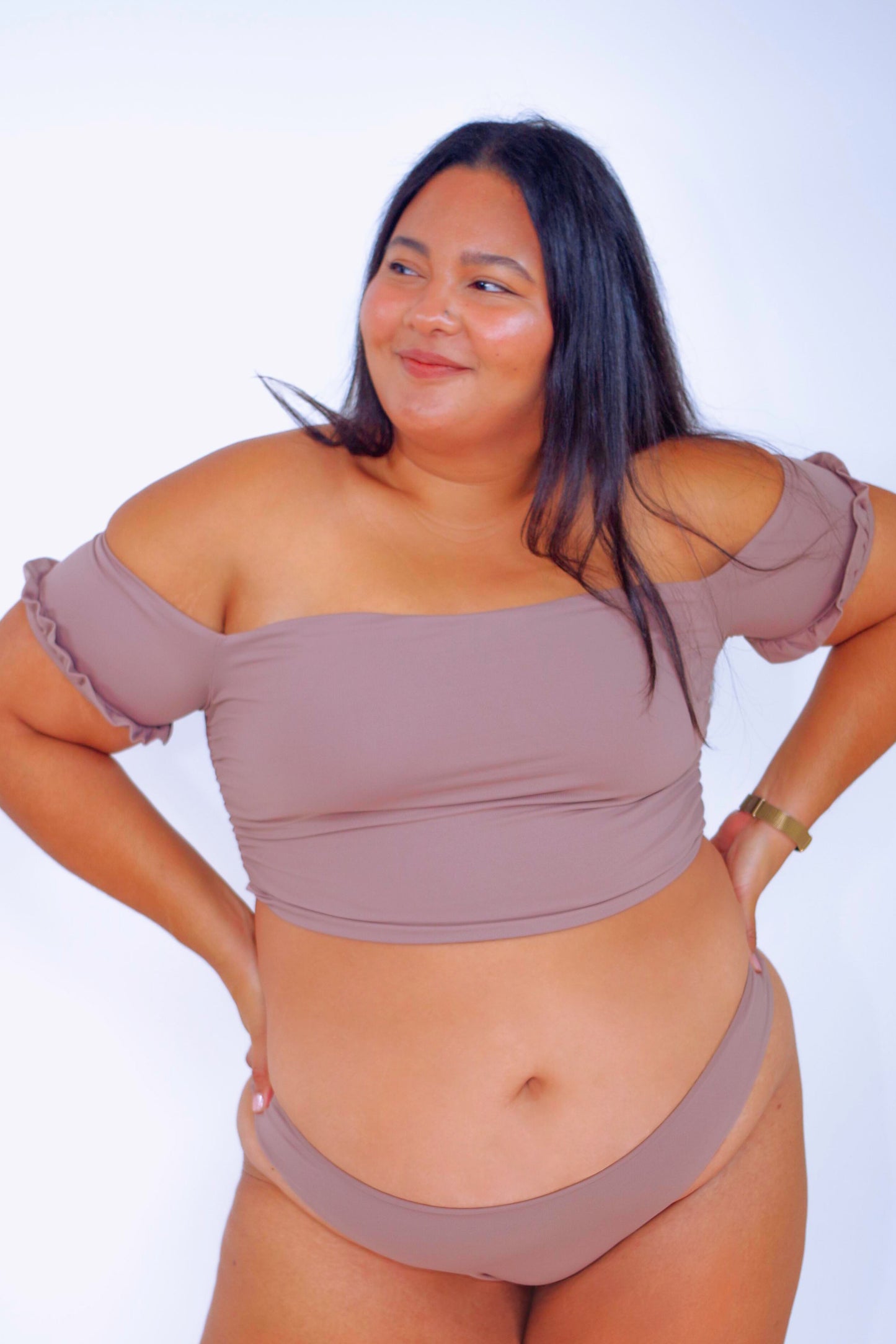 Taupe women's plus size cheeky bikini bottom and off the shoulder bikini top with short sleeves and sweetheart neckline