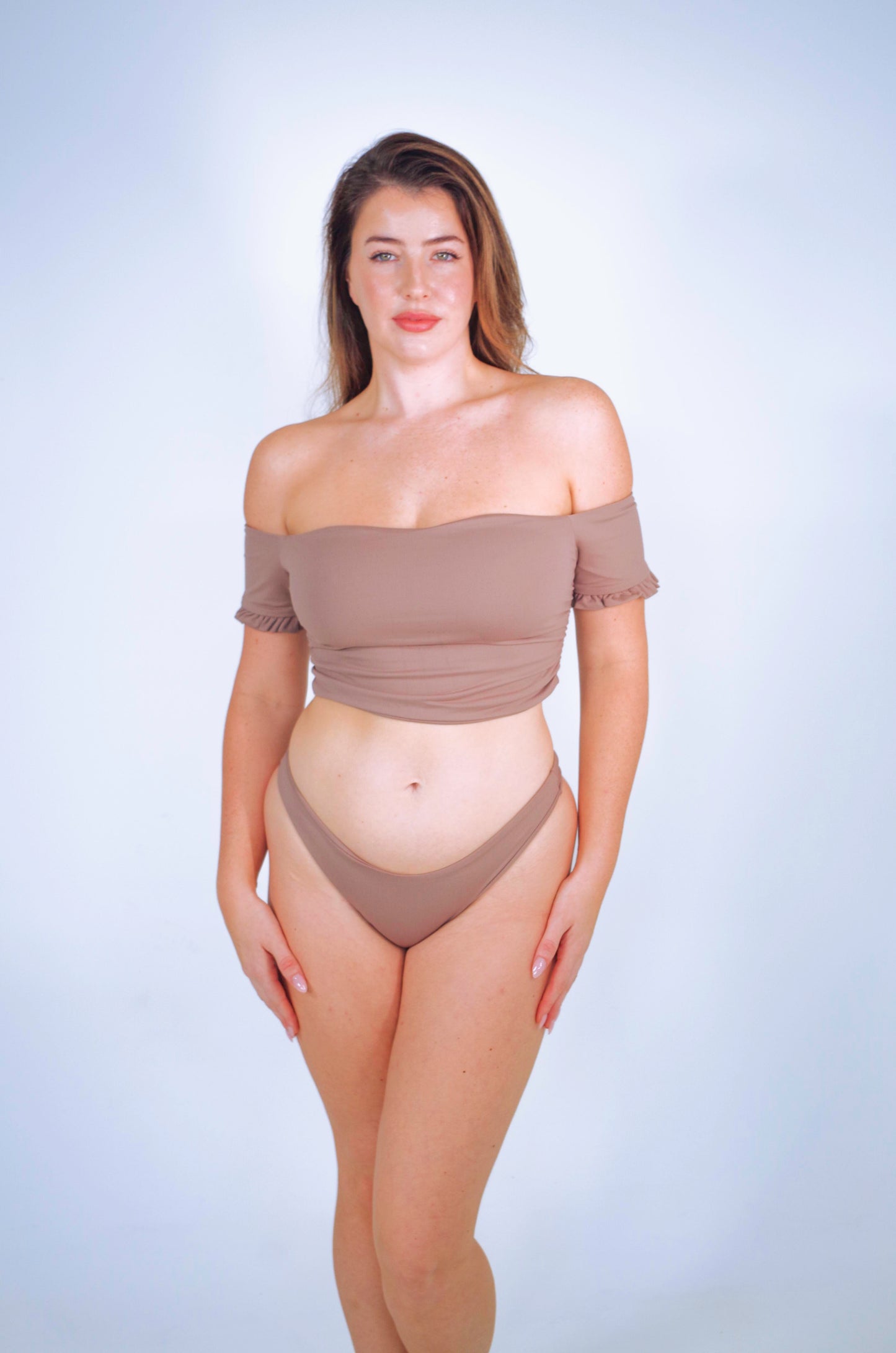 Cali off-the-shoulder bikini crop top with short sleeves, taupe