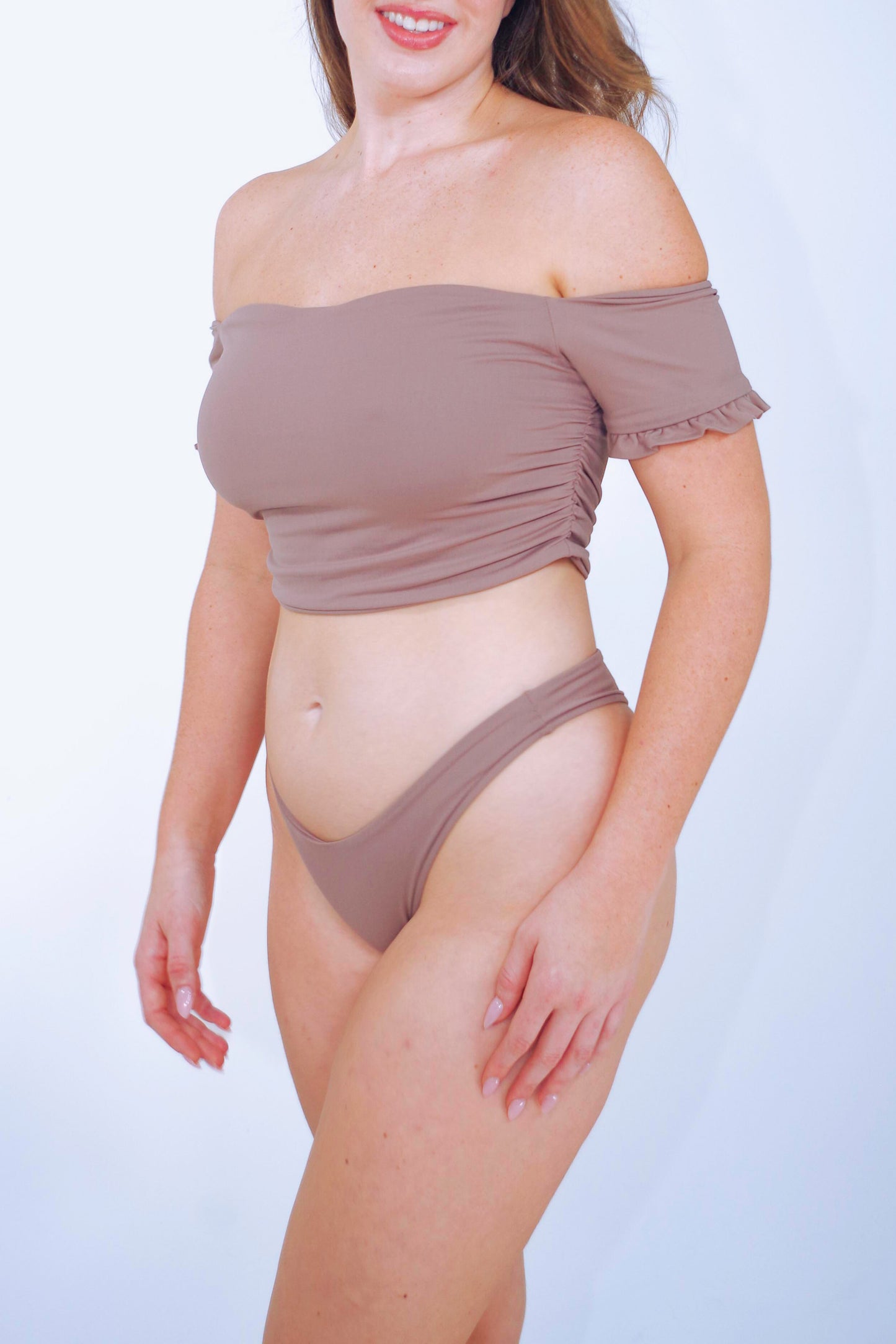 Taupe women's cheeky bikini bottom and off the shoulder bikini top with short sleeves and sweetheart neckline