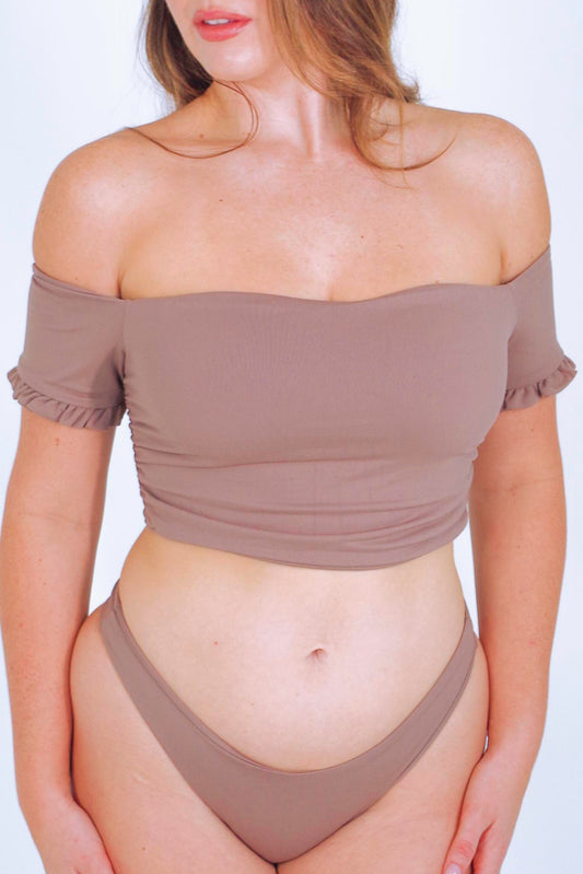 Taupe women's cheeky bikini bottom and off the shoulder bikini top with short sleeves