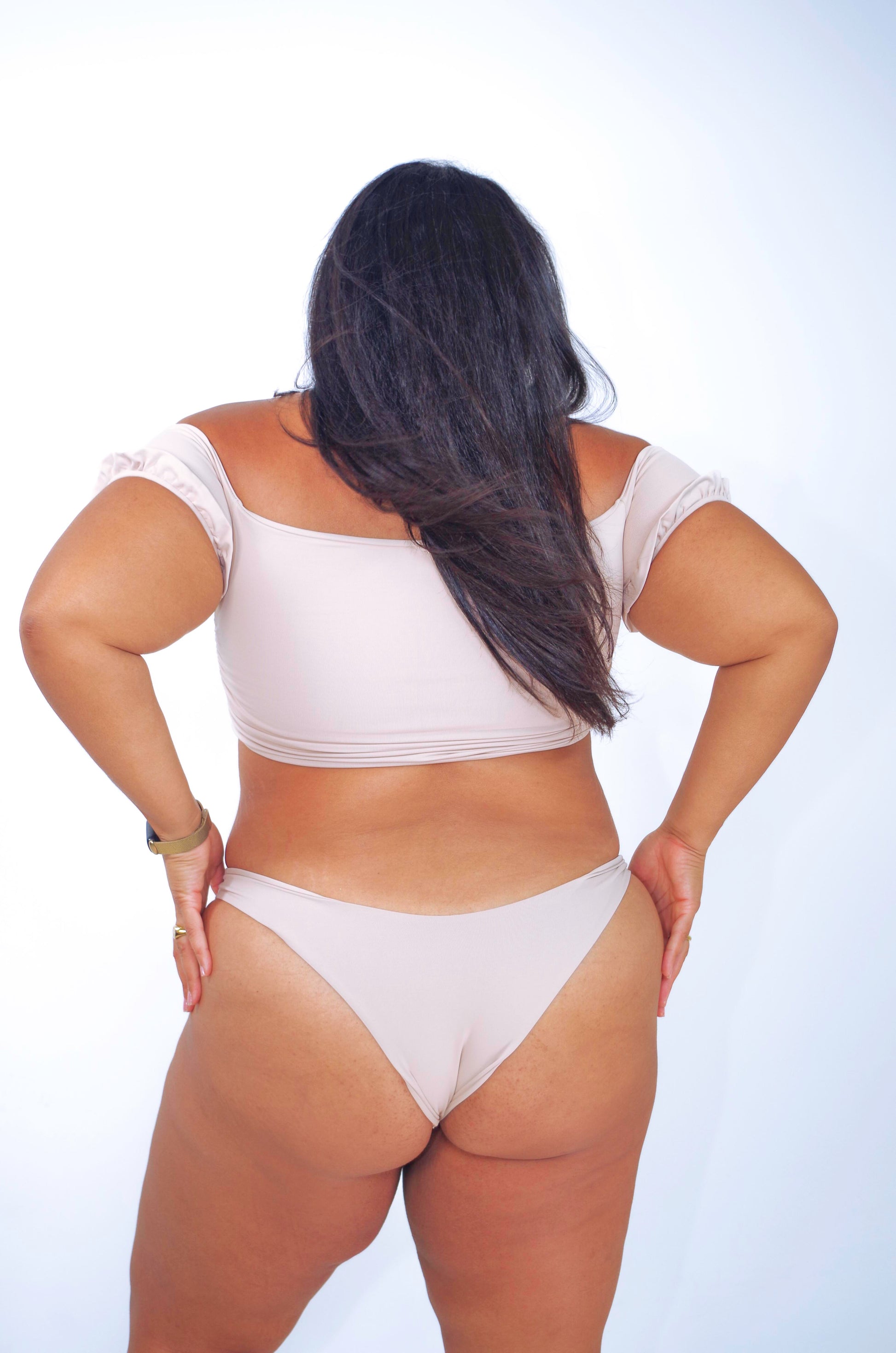 Women's cheeky bikini bottom and off the shoulder bikini top with short sleeves in cream