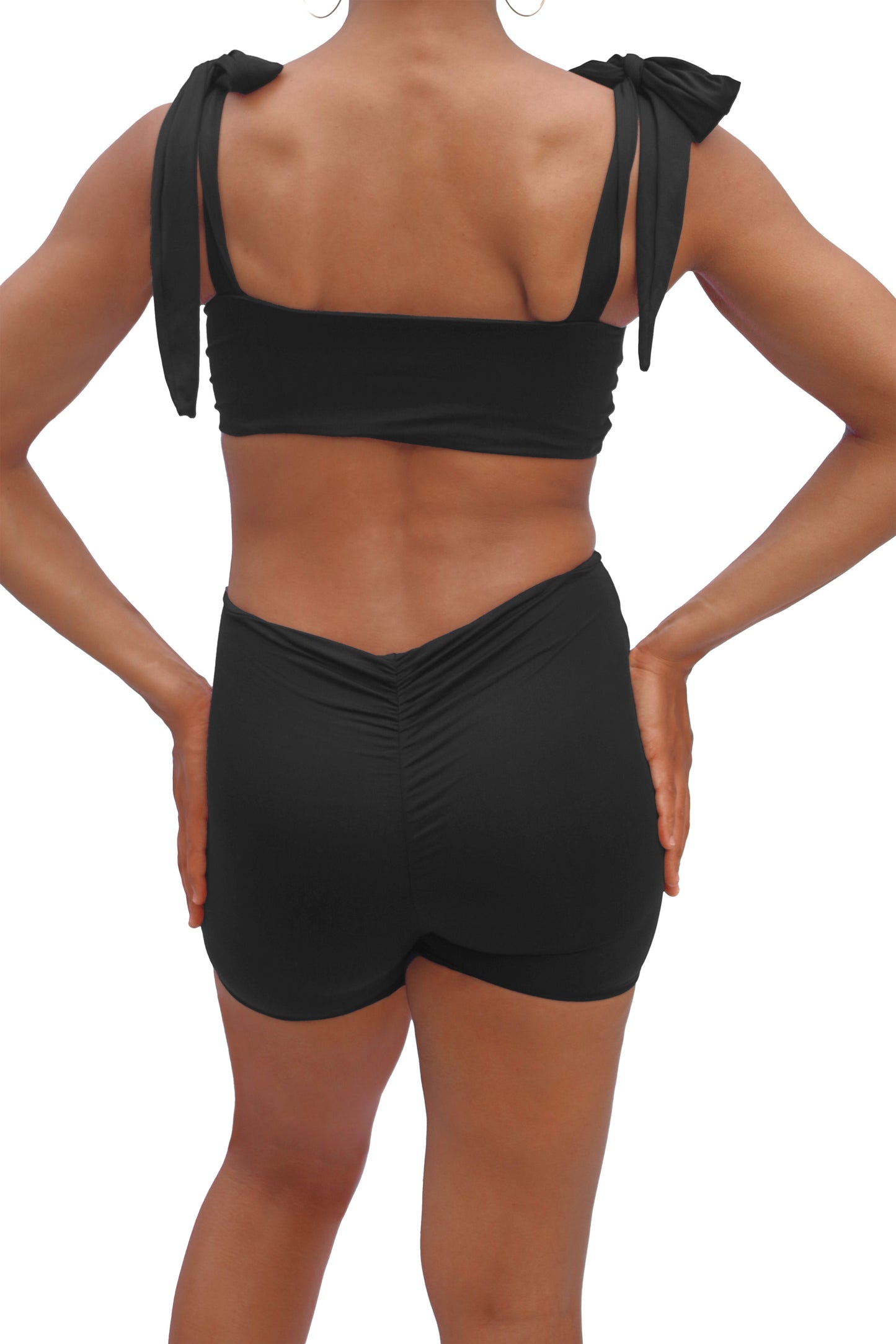 women's black underwire bikini top with shoulder ties and removable padding + long swim shorts