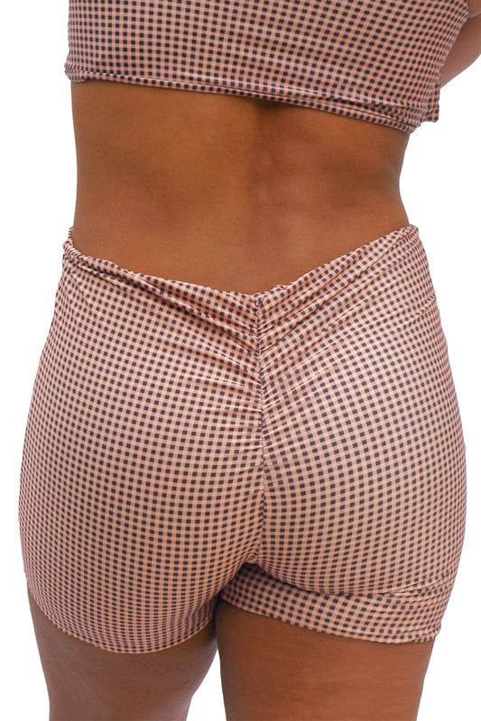 women's swim shorts in gingham print, taupe, cream, and black
