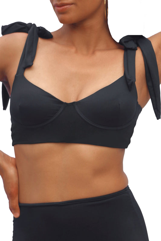 women's black underwire bikini top with shoulder ties and removable padding