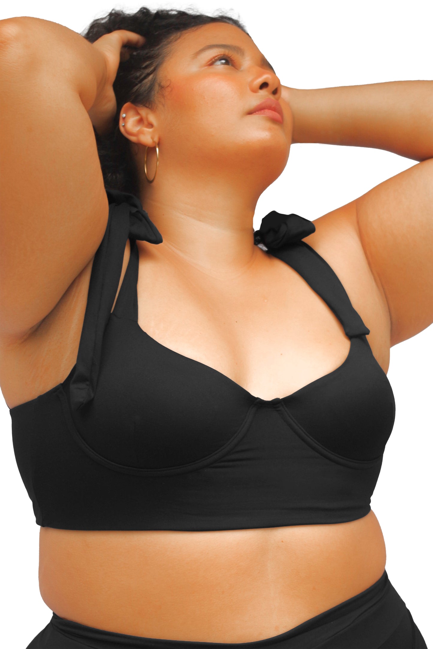 women's plus size black underwire bikini top with shoulder ties and removable padding