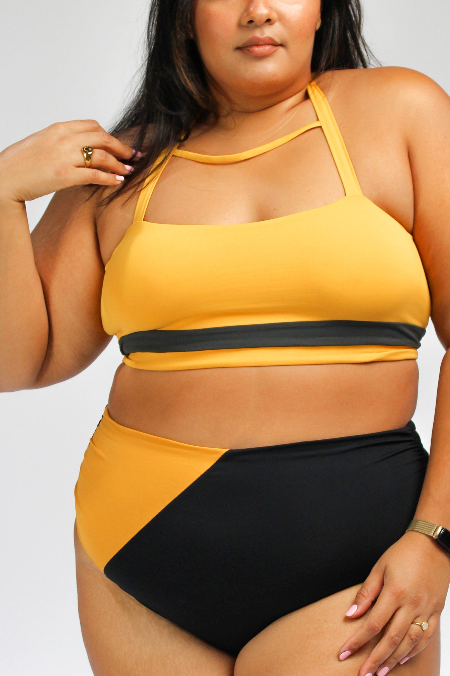 women's plus size yellow halter bikini top and high waisted bikini bottom