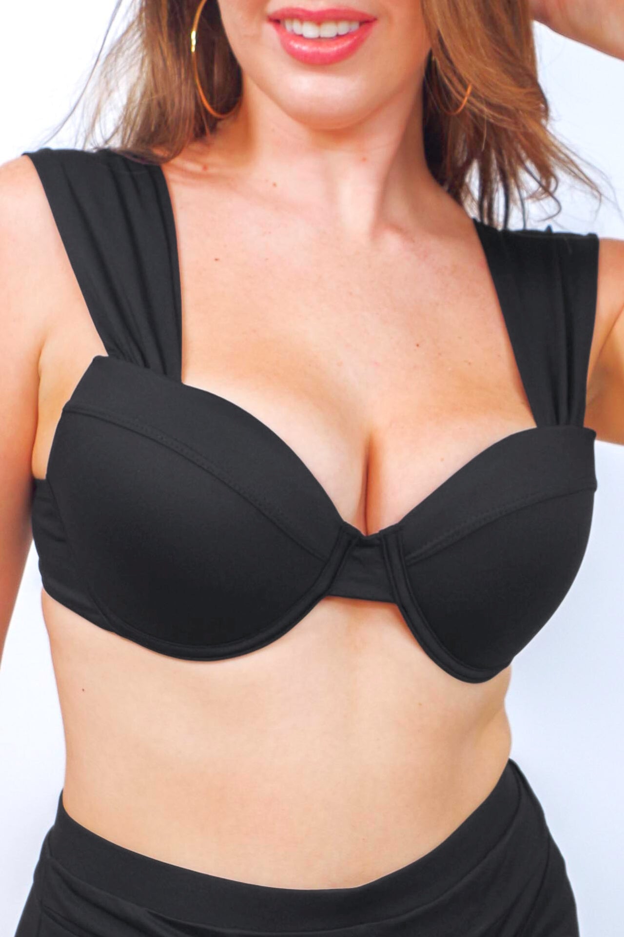 women's black underwire bikini top with extra wide shoulder straps