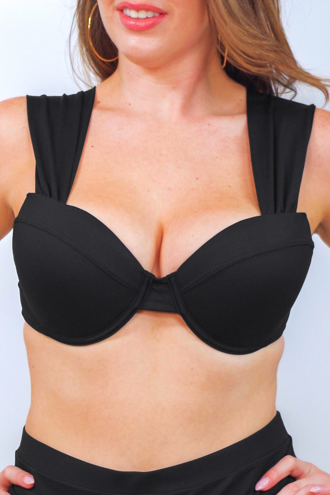 women's black underwire bikini top with extra wide shoulder straps