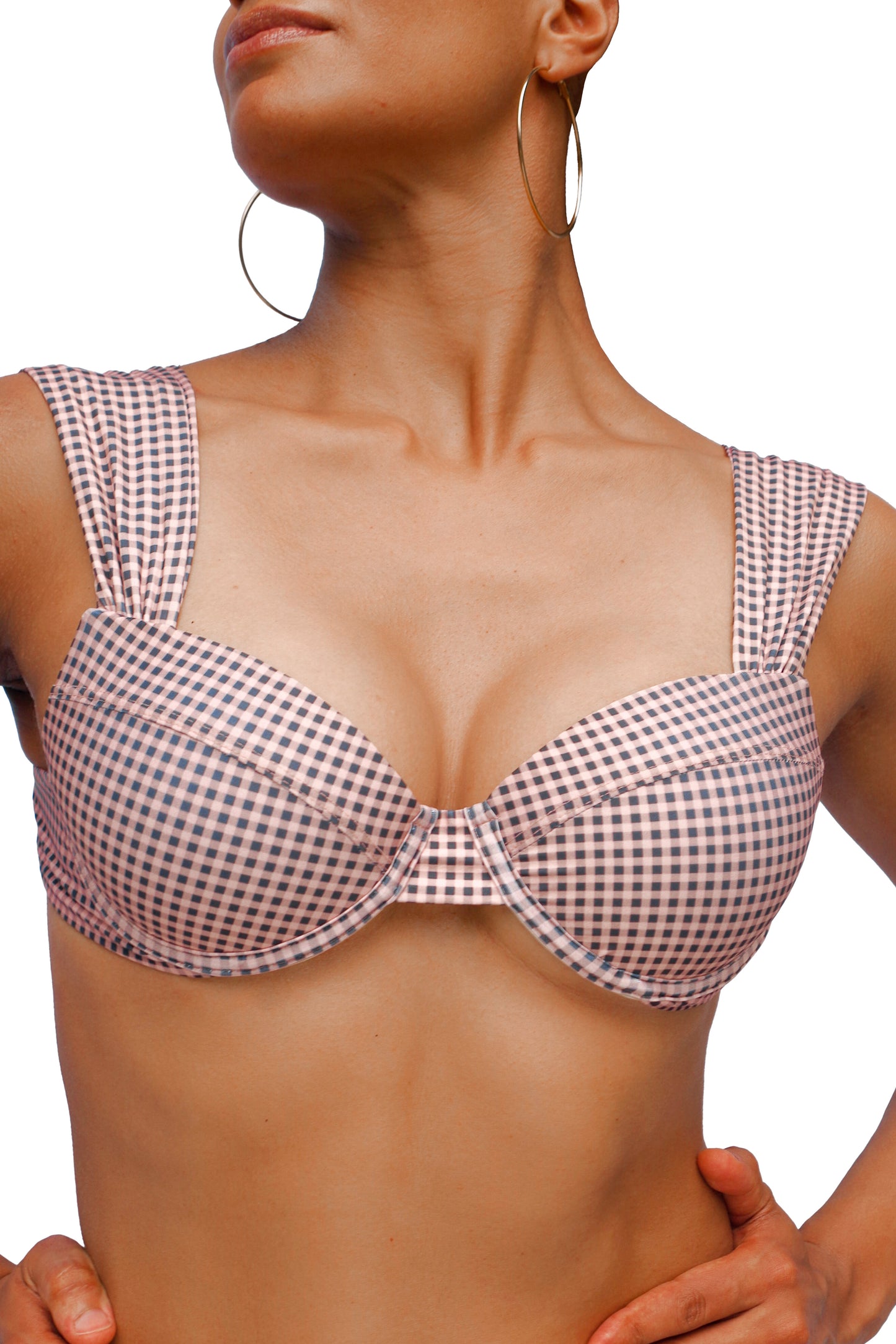 women's underwire bikini top in gingham print with neutral colors: black, cream, and taupe 