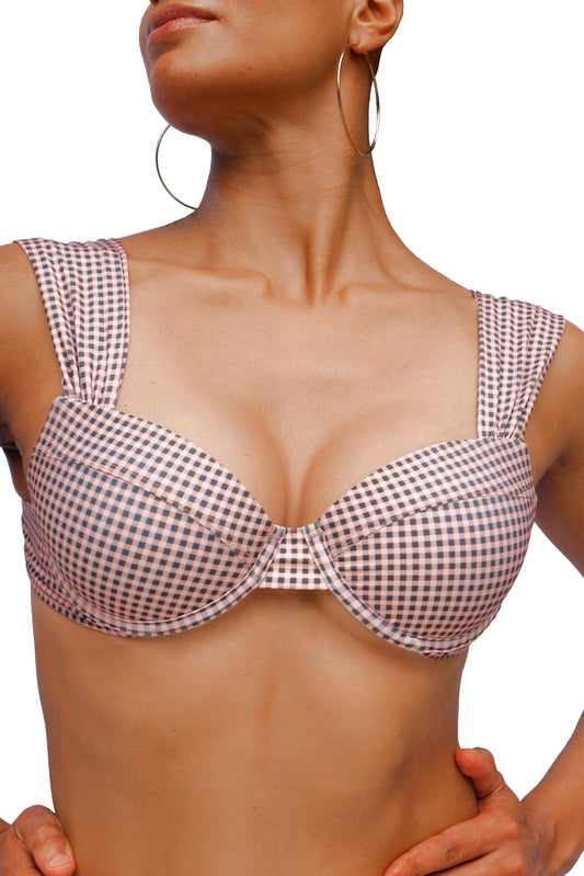 women's underwire bikini top in gingham print with neutral colors: black, cream, and taupe