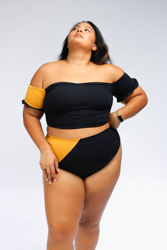 Black and yellow women's plus size high waisted bikini bottom and off the shoulder bikini top with short sleeves and sweetheart neckline