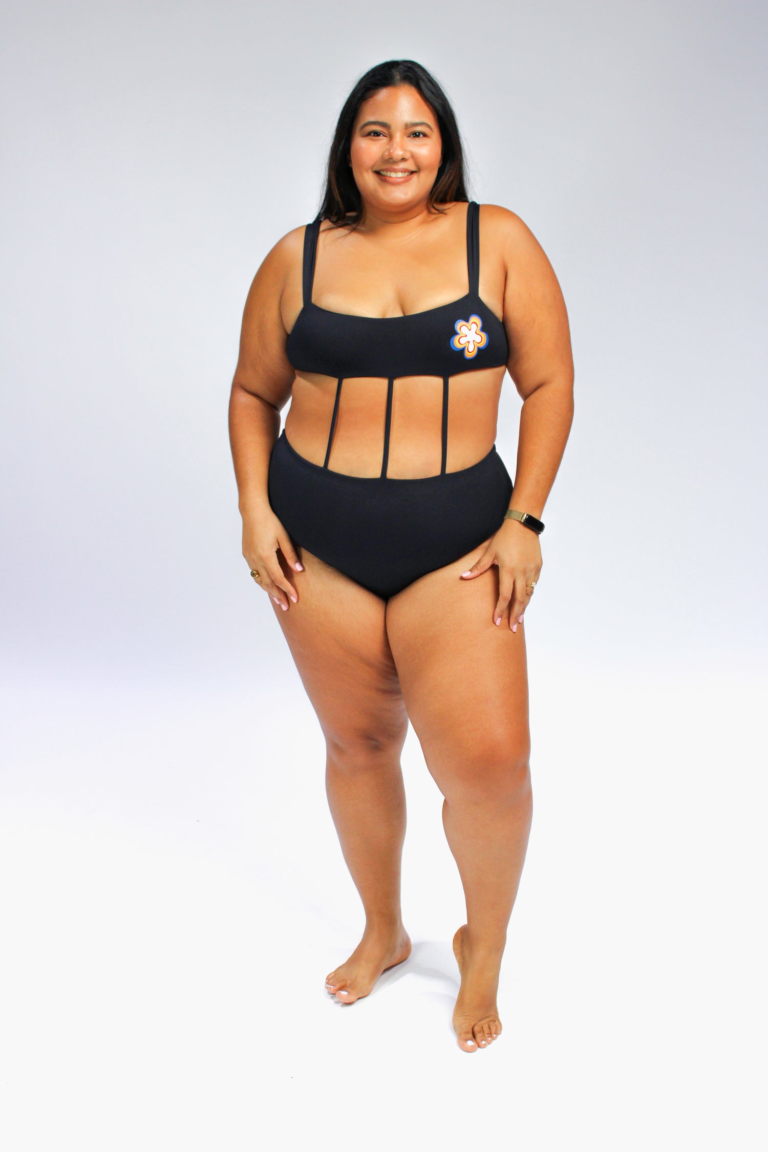 Exposed torso women's plus size one piece swimsuit in black