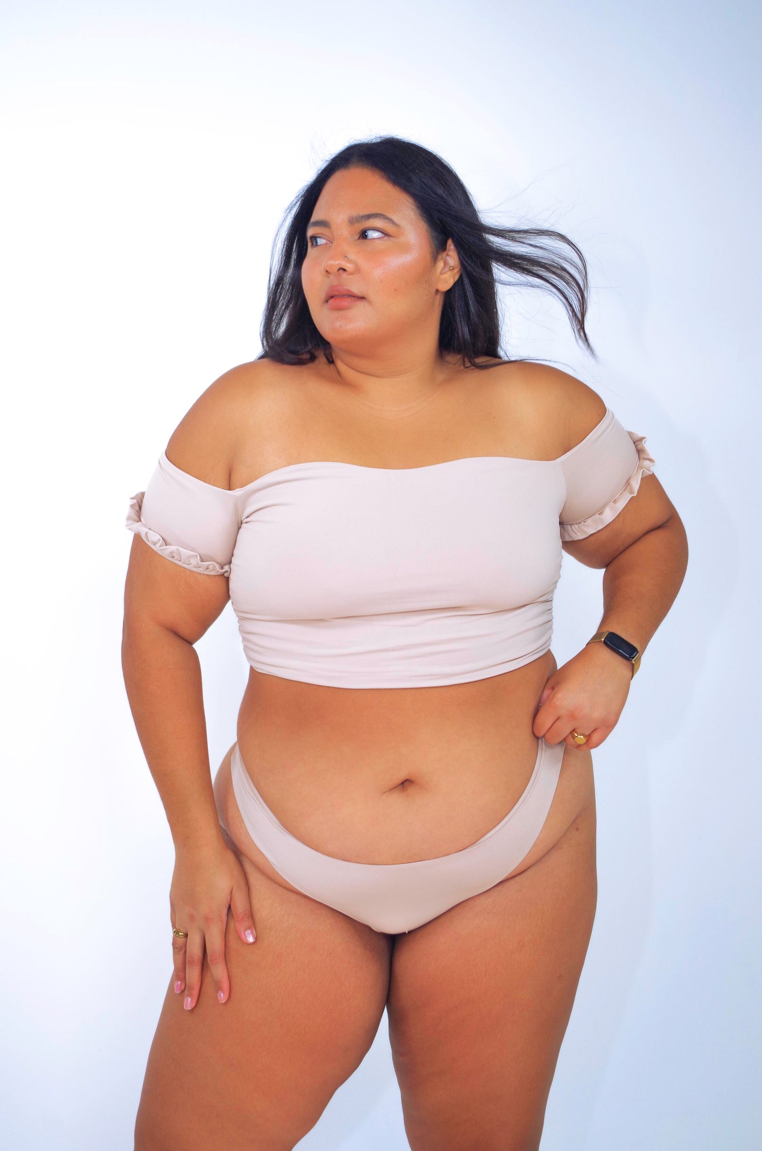 Cream women's plus size cheeky bikini bottom and off the shoulder bikini top with short sleeves