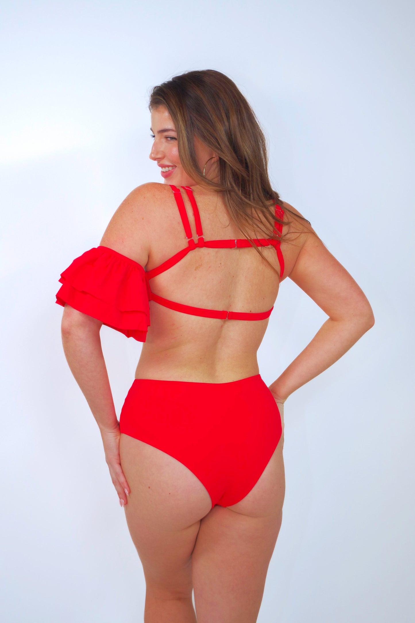 women's red one piece swimsuit with one ruffle sleeve