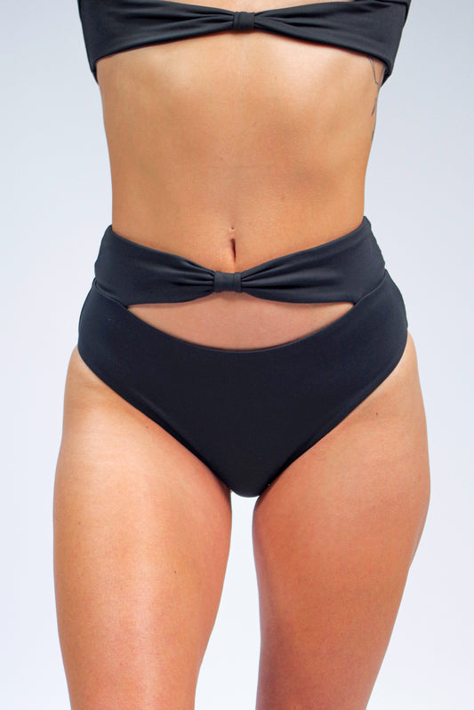 Women's charcoal grey bikini bottom with bow and cut out detail