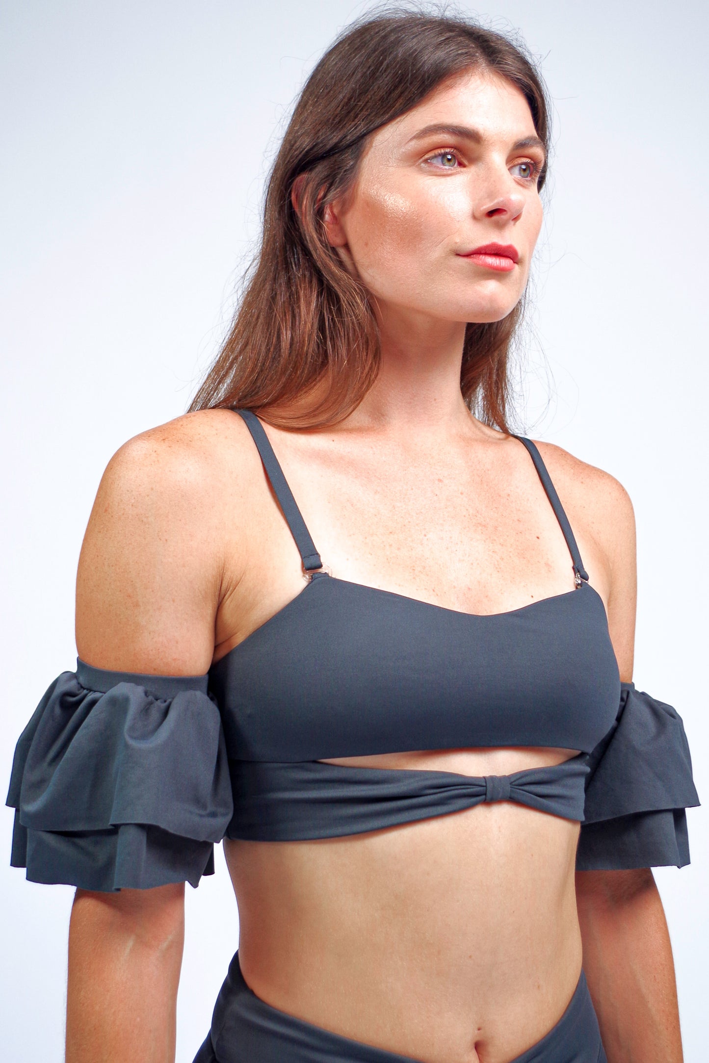 Women's charcoal grey bikini top with ruffle sleeves