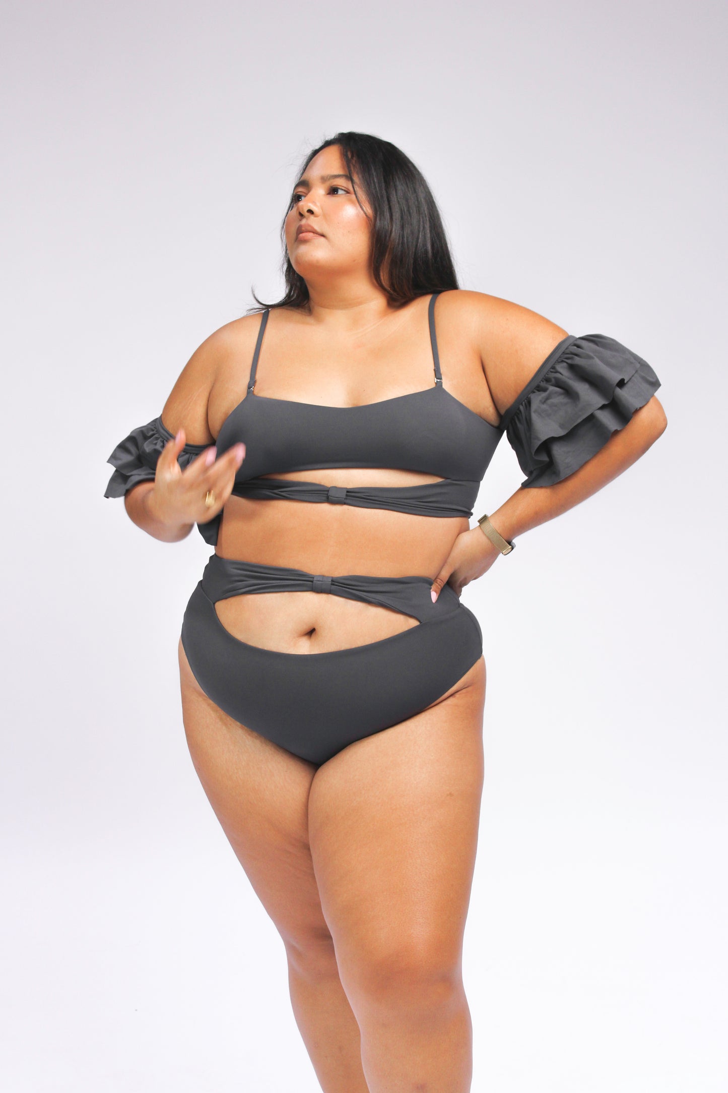 Women's plus size charcoal grey bikini top with ruffle sleeves and bikini bottom with cut out detail