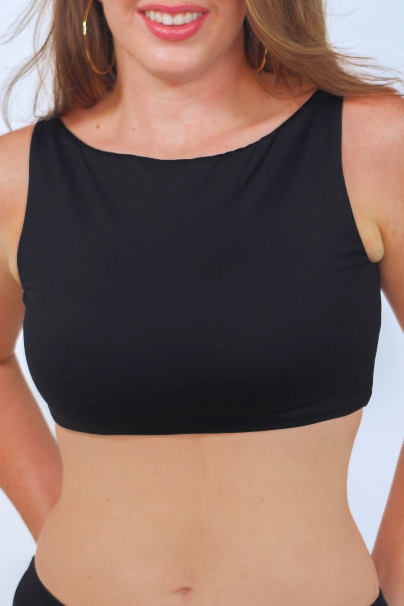 women's cropped black tankini with removable padding