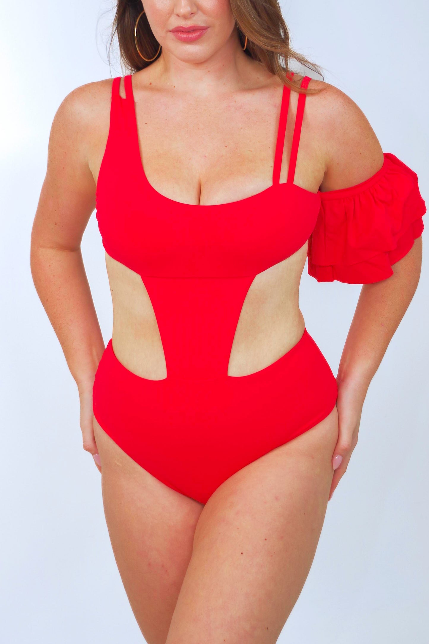 women's red one piece swimsuit with one ruffle sleeve