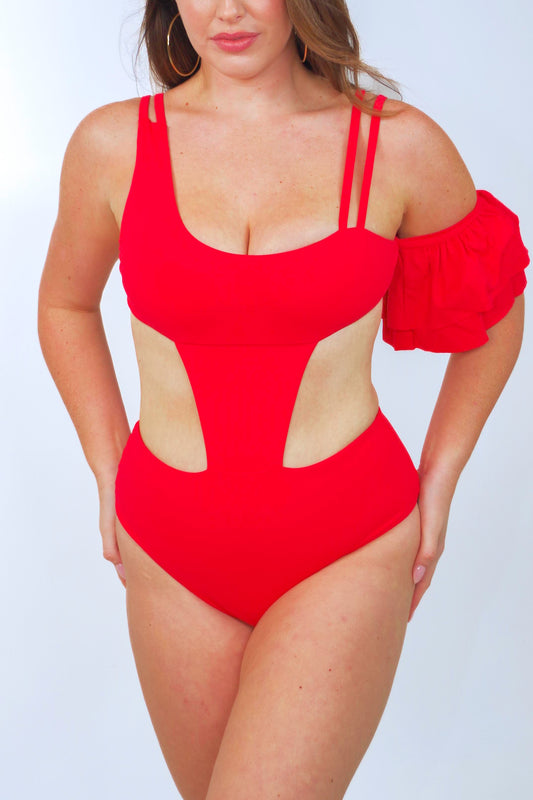 women's red one piece swimsuit with one ruffle sleeve