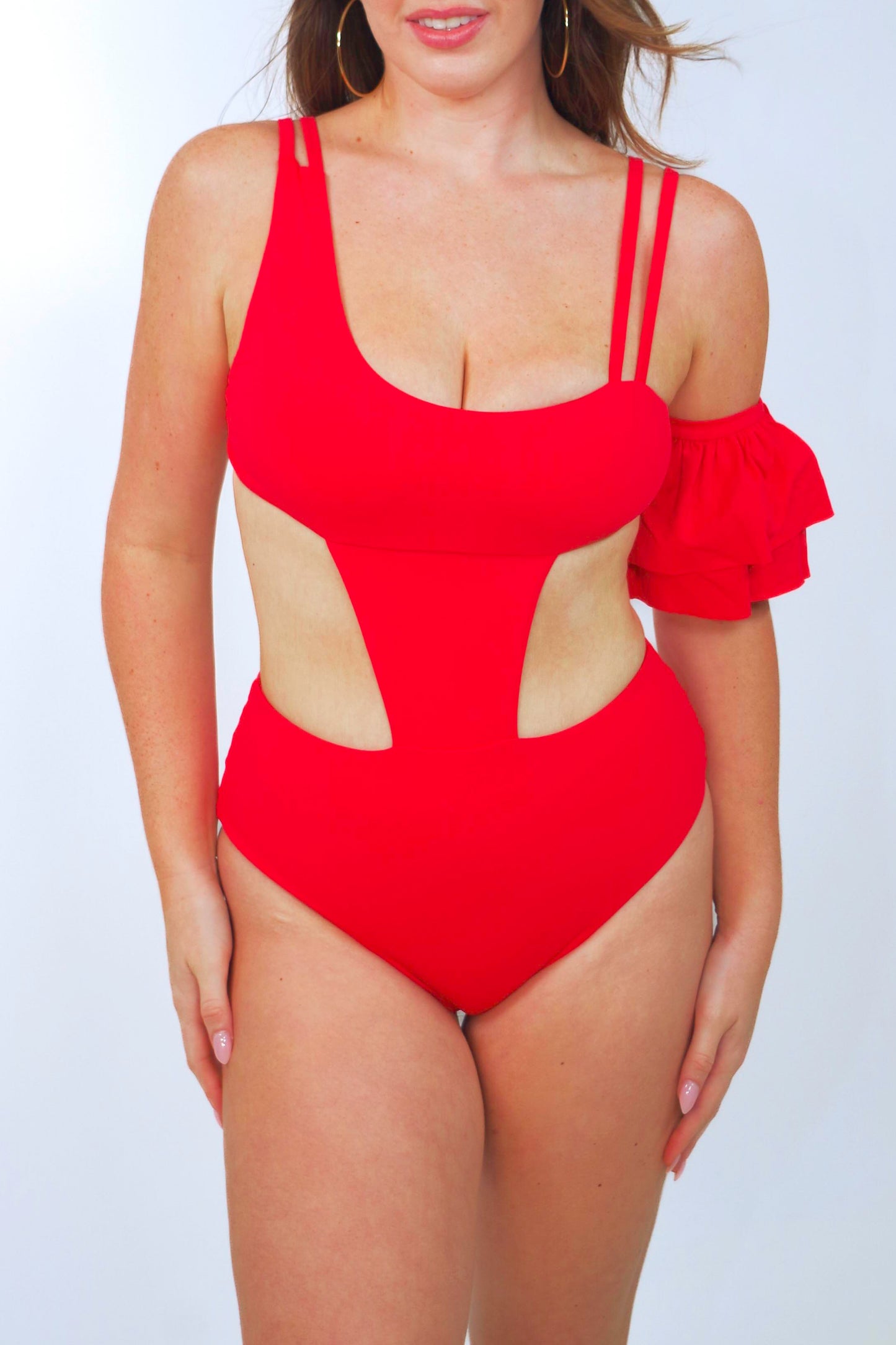 women's red one piece swimsuit with one ruffle sleeve